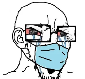 soyak, bloodshot eyes, crying, ear, face mask, glasses, mask, open mouth, soyjak, stubble