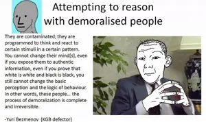 wojak, kuzjak, closed mouth, ear, hair, hands, npc, soyjak, text, yuri bezmenov