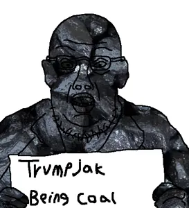 donald trump, trumpjak, coal, coal skin, ear, glasses, hands, holding object, jail, open mouth