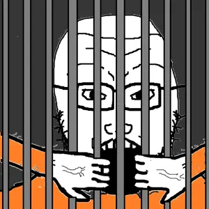 soyak, arm, clothes, front view, glasses, goatse, hands, jail, open mouth, soyjak