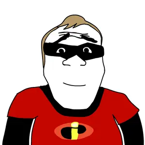 markiplier soyjak, science lover, blonde hair, closed mouth, clothes, disney, hair, incredible fatty, mr incredible, smile