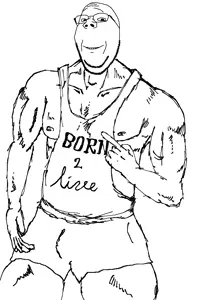 gapejak, wholesome soyjak, arm, buff, closed mouth, glasses, hands, nipple, pointing, sleeveless shirt