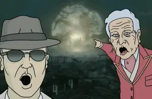 two pointing soyjaks, 2soyjaks, allistair tenpenny, clothes, fallout 3, fedora, glasses, hat, mister burke, nuclear