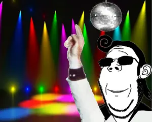 gapejak, wholesome soyjak, arm, clothes, disco, disco ball, ear, glasses, hair, hands