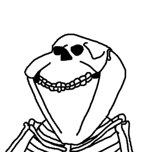 impish soyak ears, skeletonjak, 1soyjak, bone, bones, closed mouth, grin, half body, no skin, skeleton