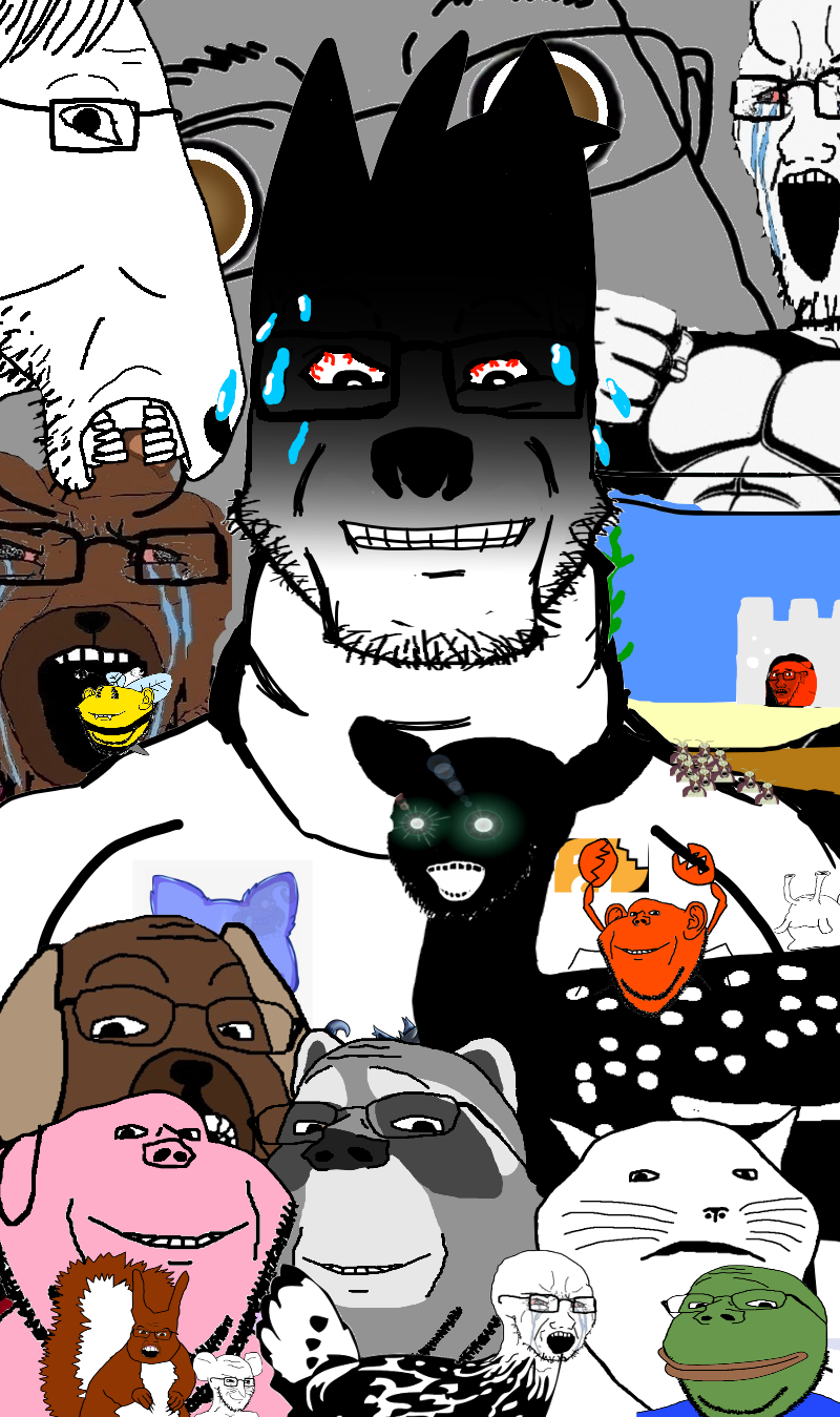 pepe, bernd, cryboy soyjak, feraljak, gapejak, horsejak, impish soyak ears, markiplier soyjak, feralsquirrel, impish bee