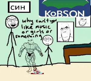 cobson, feraljak, markiplier soyjak, buff, cyrillic text, drawn background, muscles, muscular male, posters, room