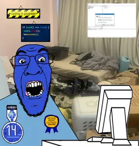 unknown, badge, blue skin, byond, computer, glasses, irl background, monitor, open mouth, programming
