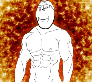 gapejak, wholesome soyjak, buff, closed mouth, explosion, glasses, smile, soyjak, stubble