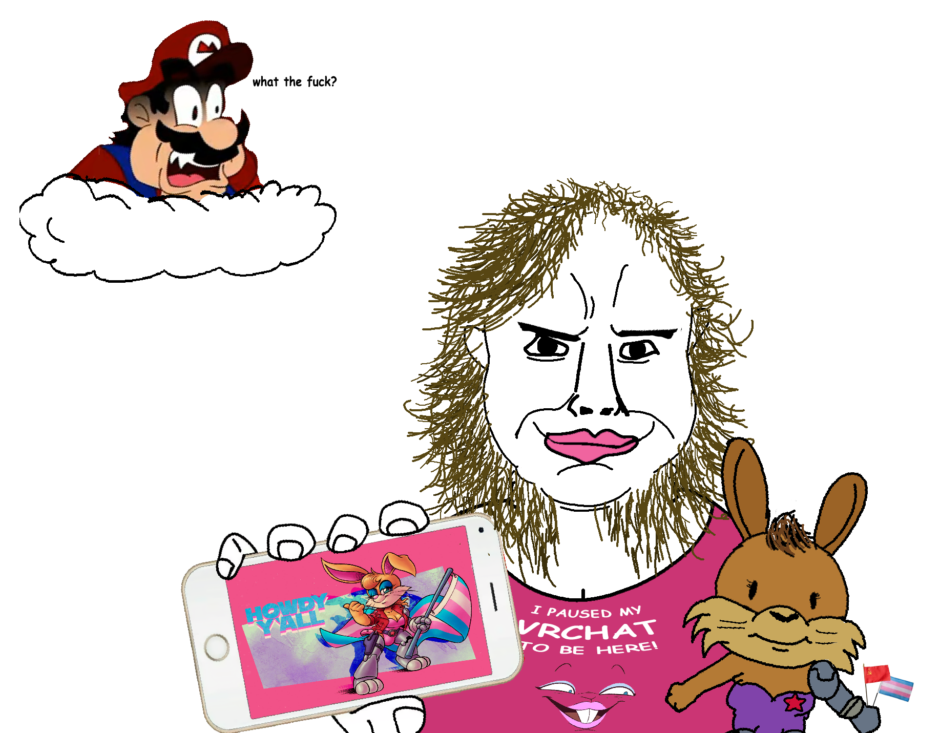 mario, weegee, chudjak, chudjak front, arm, beard, brown hair, bunnie rabbot, closed mouth, clothes