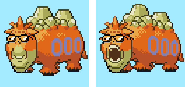 gapejak, wholesome soyjak, 2soyjaks, camel, camerupt, closed mouth, glasses, hoenn, open mouth, orange hair