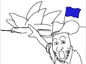 unknown, arm, australia, clothes, cowboy hat, flag, hands, hat, open mouth, pointing