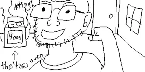 unknown, arm, clothes, door, ear, glasses, hands, oekaki, open mouth, oven