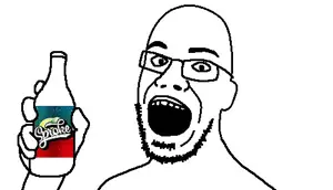 unknown, arm, bottle, ear, glasses, hands, holding bottle, holding object, holding sproke, open mouth