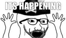 excited soyjak, animated, clothes, excited, glasses, hands, hands up, hat, impact (font), open mouth