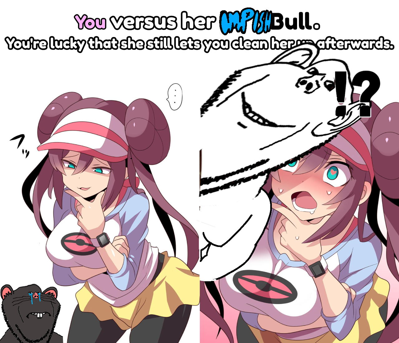 impish soyak ears, 2soyjaks, anime female, blue eyes, brown hair, buck teeth, crying, cuck, cuckoldry, female