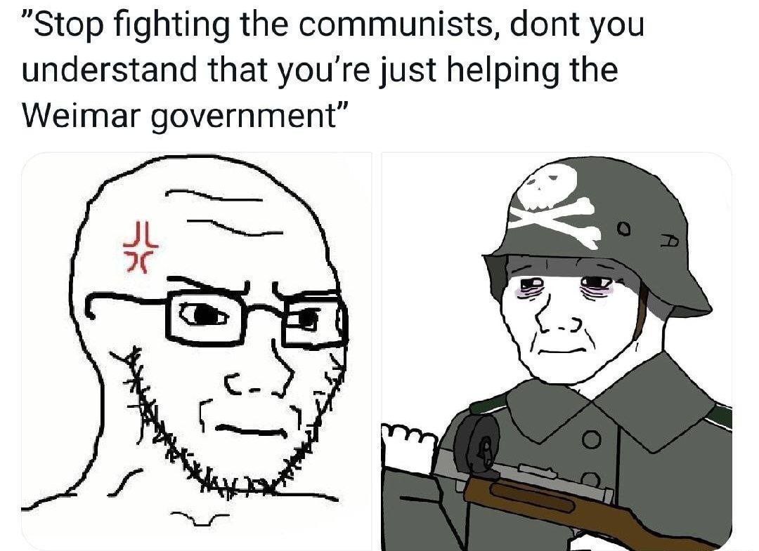 wojak, soyak, anger mark, closed mouth, clothes, combat helmet, communism, firearm, freikorps, frown