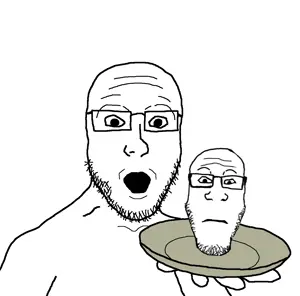 markiplier soyjak, platejak, neutralplier, beard, glasses, holding object, holding plate, neutral, open mouth, plate