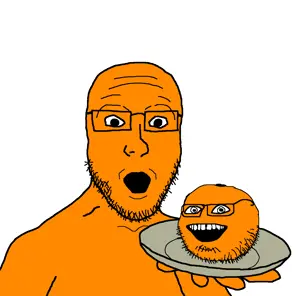 oranjak, platejak, food, fruit, glasses, holding object, holding plate, open mouth, orange skin, plate
