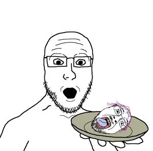 bernd, platejak, glasses, holding object, holding plate, open mouth, plate, purple hair, severed head, soyjak