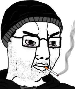 doomer wojak, wojak, chudjak, angry, bags under eyes, beanie, black shirt, bloodshot eyes, cigarette, closed mouth