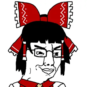 reimu hakurei, chudjak, anime, closed mouth, clothes, glasses, hair, hair ribbon, looking to the right, smile