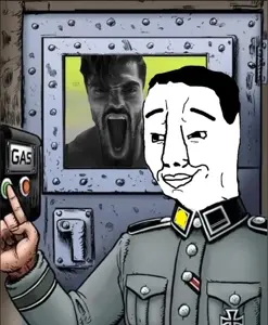 gigachad, gigayell, chudjak, button, closed mouth, clothes, door, gas, gas chamber, hair