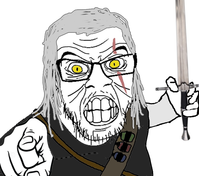 feraljak, angry, arm, clenched teeth, closed mouth, clothes, geralt of rivia, glasses, gray hair, hair