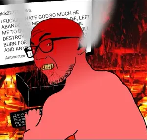 zoomer on computer, angry, atheism, blood, bloodshot eyes, clenched teeth, closed mouth, computer, ear, fire