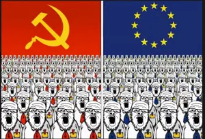 a24 slowburn soyjak, 163soyjaks, arm, clothes, communism, cross eyed, european union, flag, glasses, hammer and sickle