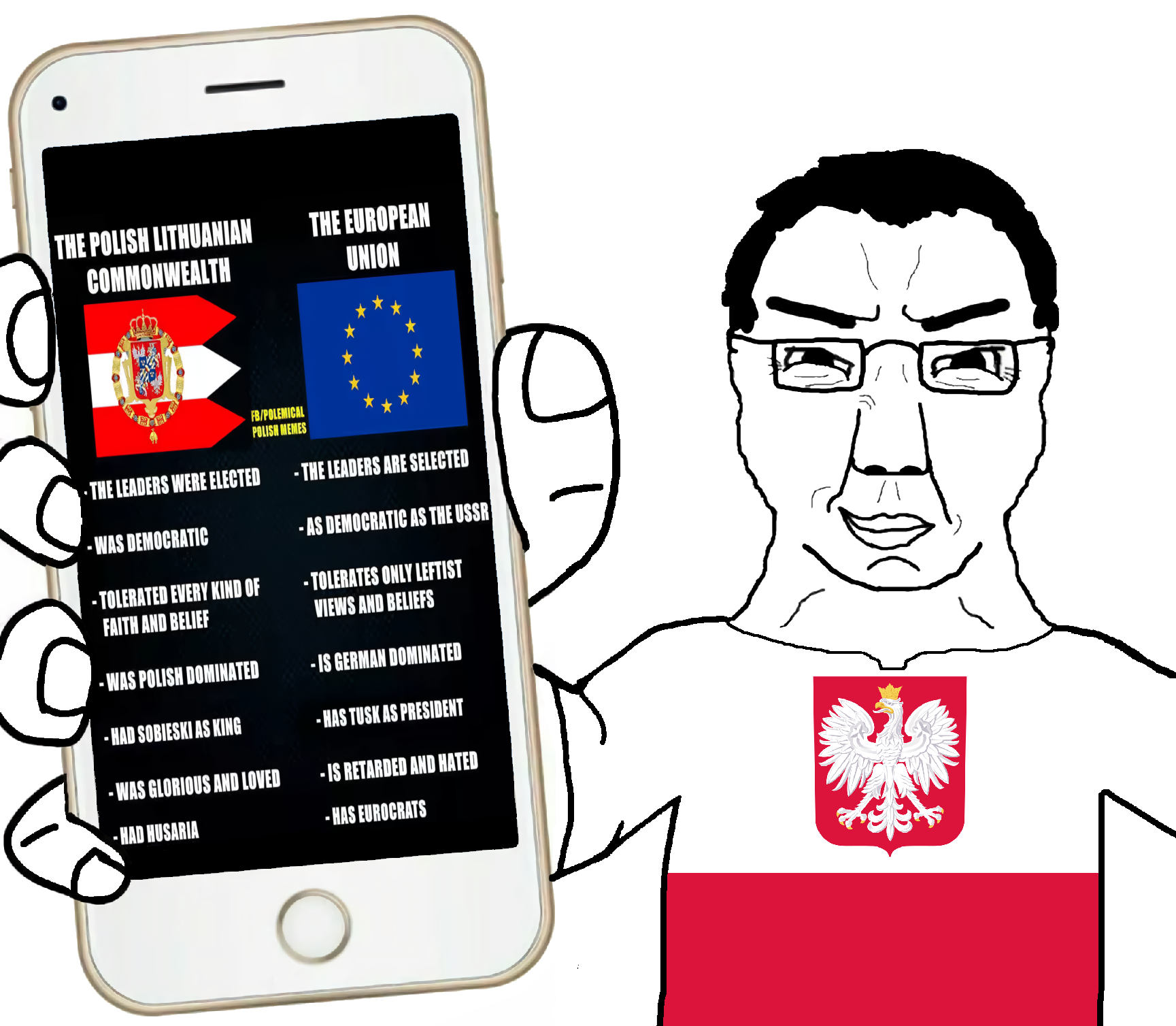 chudjak, closed mouth, european union, flag, glasses, hair, hands, holding object, holding phone, impact (font)