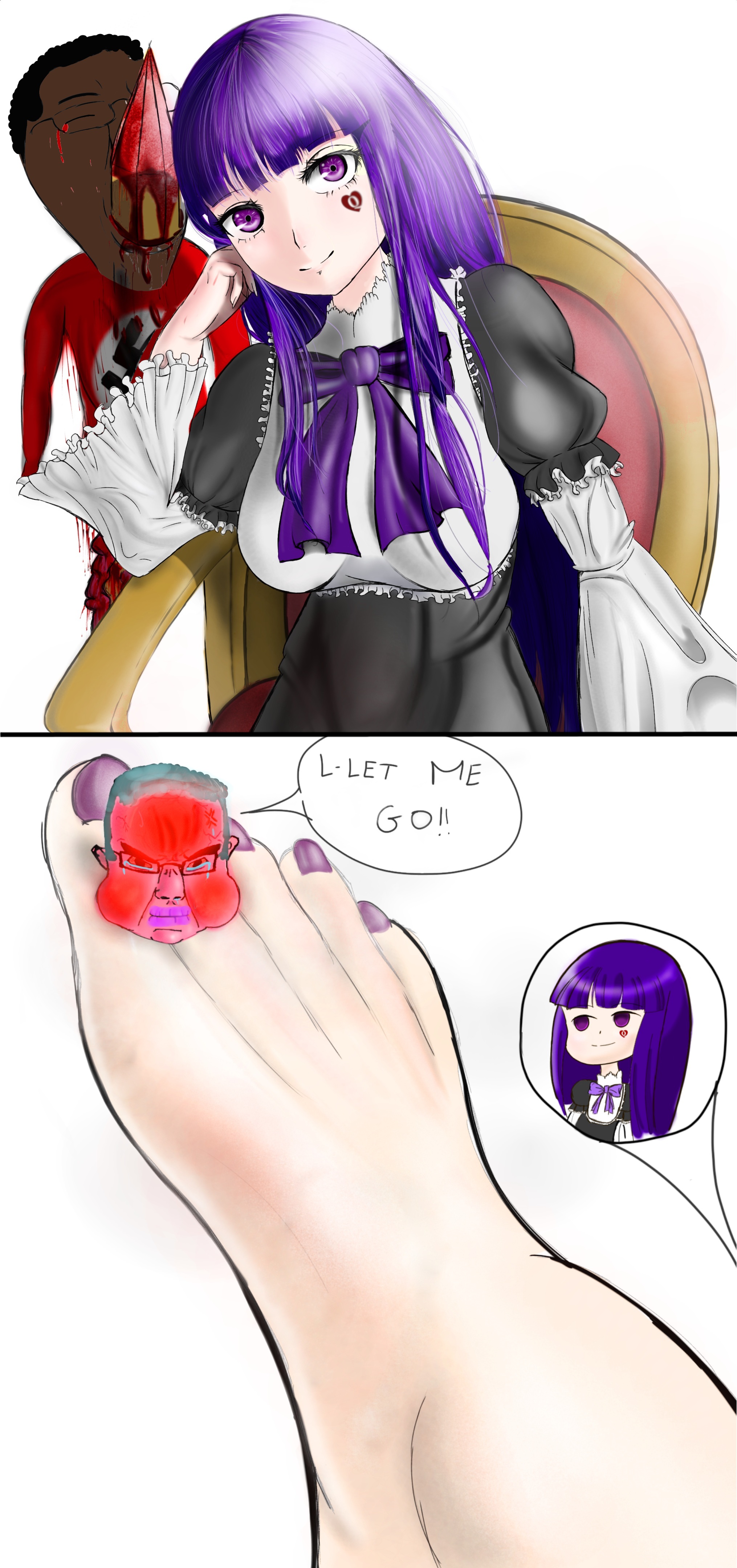 bernkastel, rika furude, chudjak, chudjak front, angry, anime, black skin, blood, bloodshot eyes, blue hair