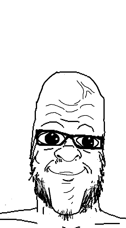 a24 slowburn soyjak, feraljak, curious slowburn smile, 2soyjaks, animated, big eyes, big forehead, brain, closed mouth, forehead