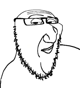 smugjak, closed mouth, distorted, glasses, looking at you, raised eyebrow, smile, smug, soyjak, stretched chin