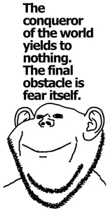 impish soyak ears, closed mouth, ear, looking at you, ominous, quote, smile, soyjak, stubble, text