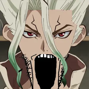 markiplier soyjak, anime, blonde hair, clothes, doctor, dr. stone, ear, hair, open mouth, red eyes
