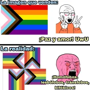 wojak, soyak, angry, blush, globohomo, happy, lgbt, peace sign, pink skin, pride flag