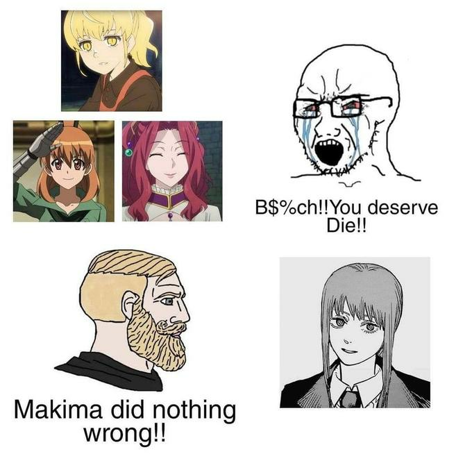 yes chad, soyak, akame ga kill, anime, bitch (the rising of the shield hero), bloodshot eyes, chad, crying, glasses, makima (chainsaw man)