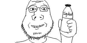 gapejak, arm, bottle, closed mouth, drink, glasses, hands, holding bottle, holding object, holding soylent