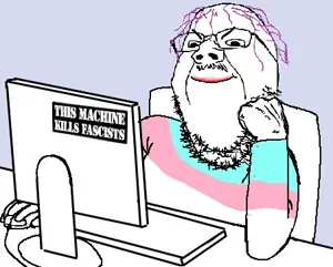 gapejak, 1soyjak, antifa, arm, black eyes, blue background, closed mouth, clothes, computer, computer mouse