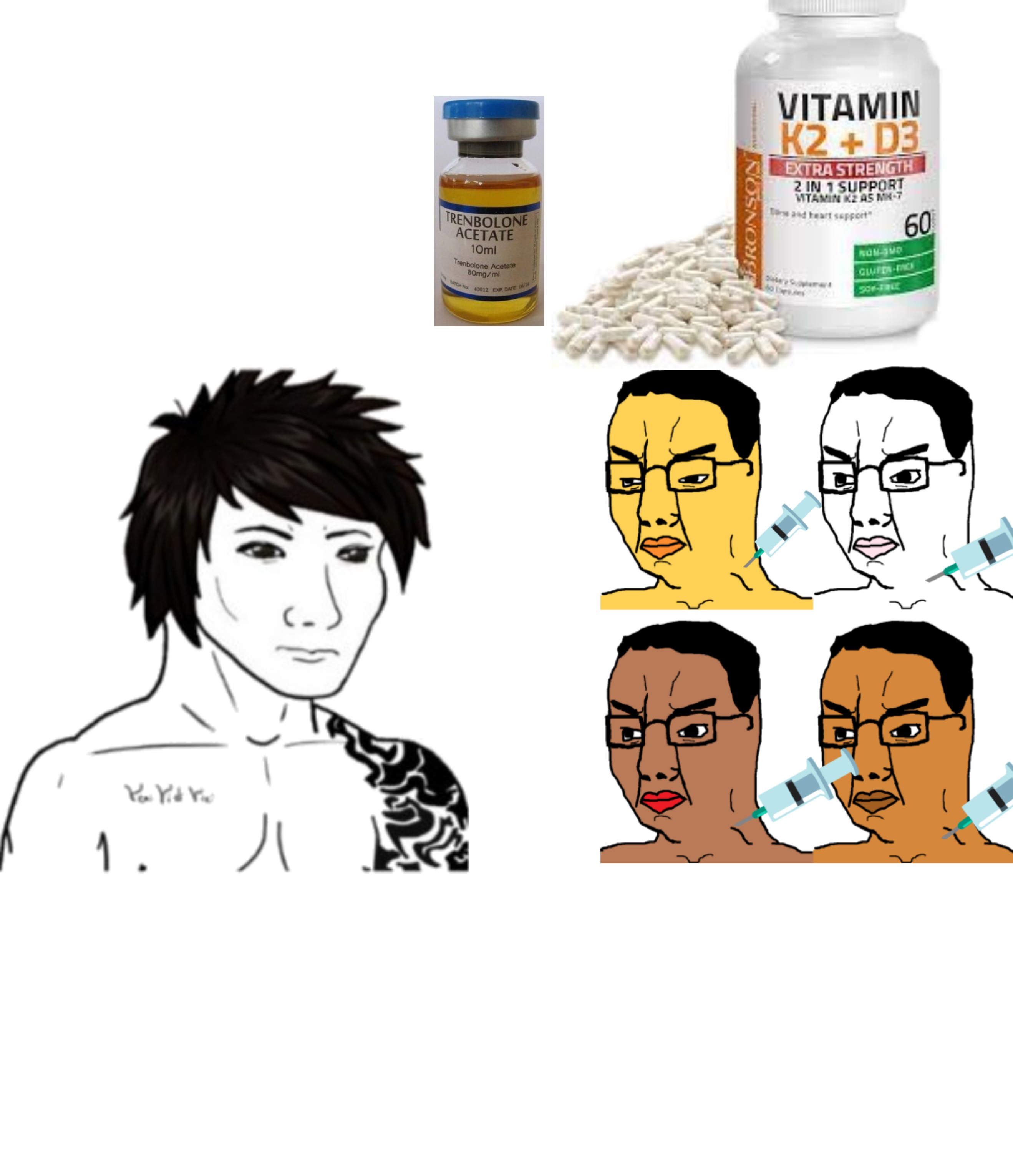 wojak, zyzz, chudjak, 4soyjaks, asian, aziz zhavershian, brown skin, buff, closed mouth, drugs