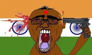 chudjak, suicide chud, arm, bindi, bloodshot eyes, brown skin, country, dead, firearm, flag