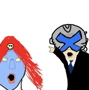 two pointing soyjaks, 2soyjaks, arm, clothes, hair, hands, necktie, open mouth, pointing, red hair