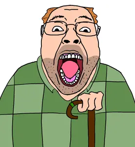 bernd, cane, clothes, glasses, hair, hands, holding object, lester crest, open mouth, orange hair