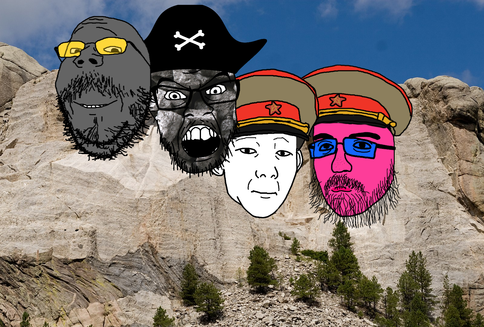 dolljak, feraljak, gapejak, kuzjak, mustached gapejak, wholesome soyjak, 4soyjaks, angry, blue eyes, blue sclera
