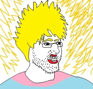 unknown, anime, blonde hair, glasses, hair, open mouth, soyjak, stubble, super saiyan, tranny