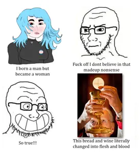 soyak, calarts, angry, bald, blue hair, cannibalism, catholicism, christianity, closed mouth, glasses