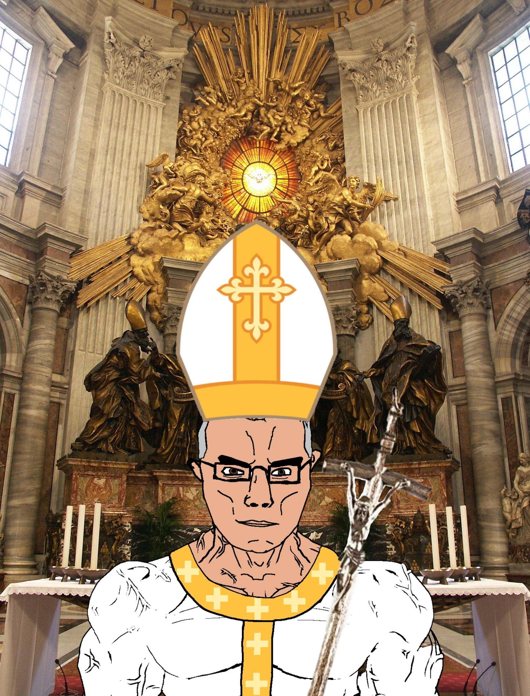 chudjak, chudjak front, muscular chud, altar, brown eyes, buff, candle, catholic, catholicism, christianity