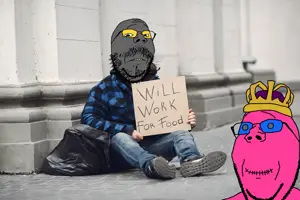 gapejak, mustached gapejak, 2soyjaks, closed mouth, crown, crying, frown, glasses, gray skin, homeless