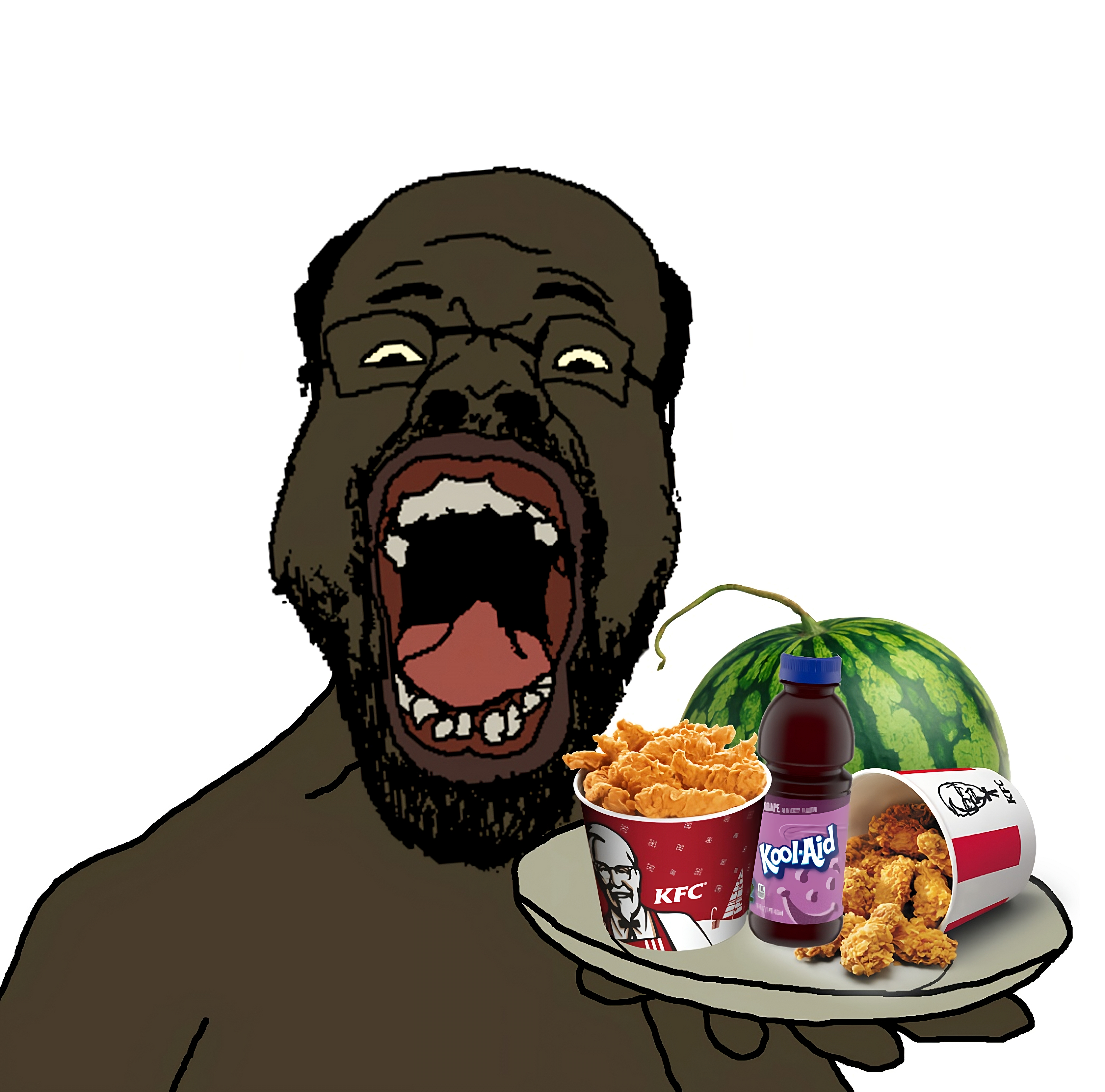 nigjak, platejak, arm, balding, beard, black skin, bottle, bowtie, bucket, chicken